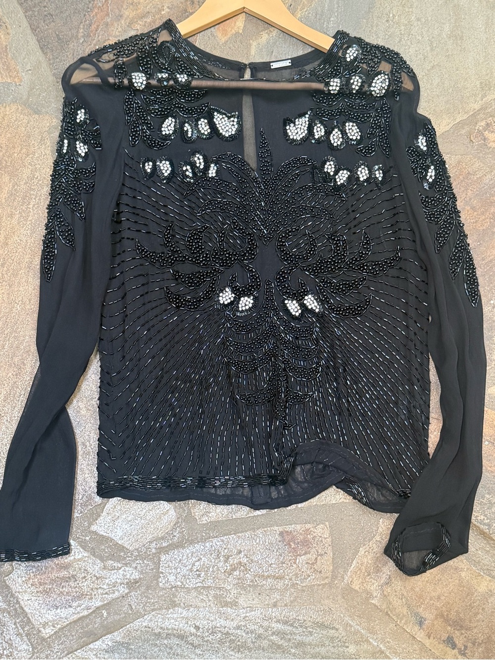 Dodo Bar Or Black Beaded Sheer Long-Sleeve Top